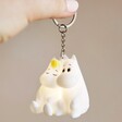 House of Disaster Moomin Love Keyring  Lit Up and Being Held Against a Neutral Wall
