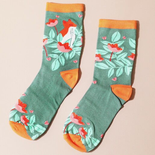 House of Disaster Secret Garden Fox Socks on Pink Surface