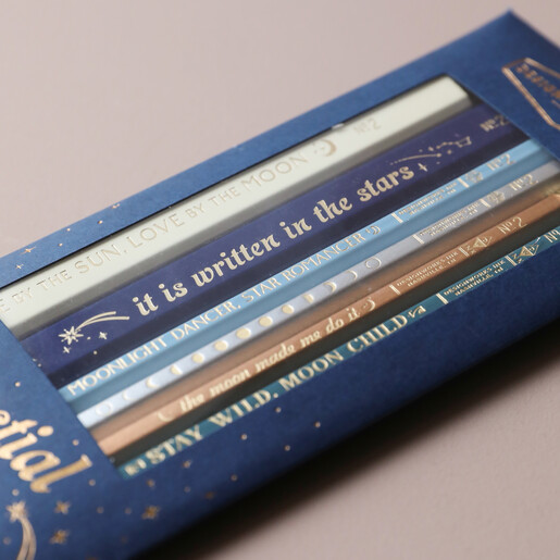 Close Up of Designworks Ink Celestial Heavens Pencil Set in Packaging