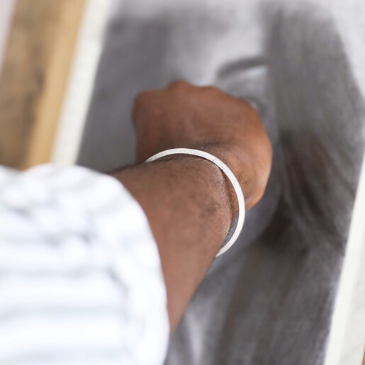 On model Lisa Angel Personalised Men's Brushed Bar Bangle