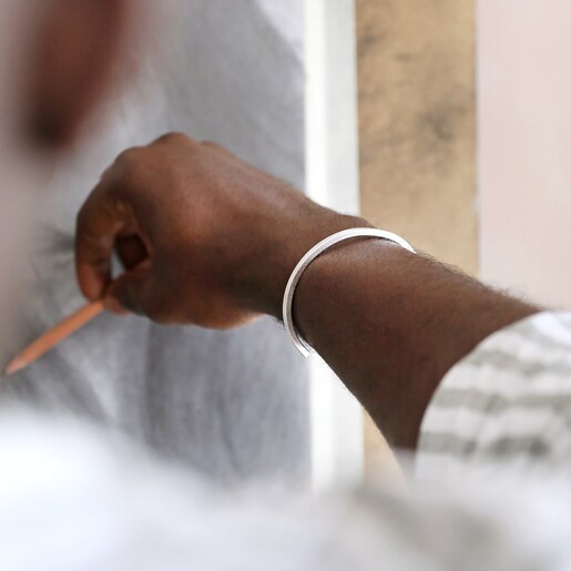 On model Lisa Angel Personalised Men's Brushed Bar Bangle