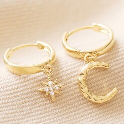 Crescent Moon & Star Charm Huggie Hoop Earrings in Gold