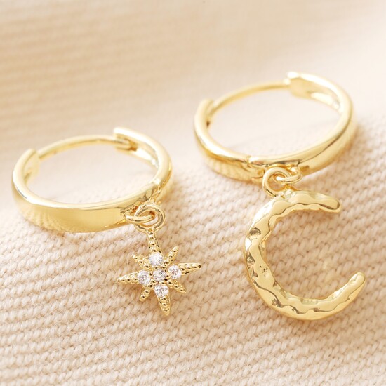 Crescent Moon & Star Charm Huggie Hoop Earrings in Gold