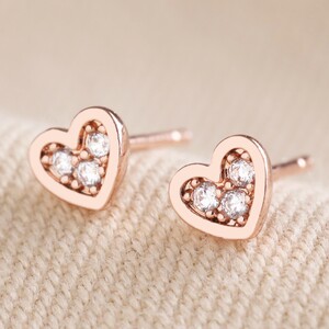 Tiny Crystal Heart Stud Earrings in Rose Gold