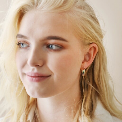 Wide Rainbow Crystal Hoop Earrings in Gold on Blonde Model