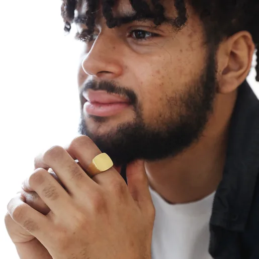 Model Wearing Men's Brushed Gold Stainless Steel Signet Ring