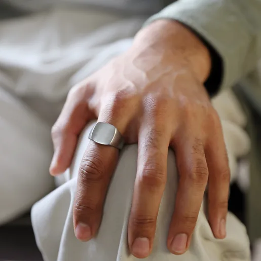 Close Up of Model Wearing Men's Brushed Stainless Steel Signet Ring