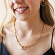 Model Wearing Gold Stainless Steel Figaro Chain Necklace