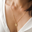 Close Up of Model Wearing Gold Stainless Steel Libra Pendant Necklace