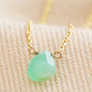 Semi-Precious Chrysoprase Stone Teardrop Pendant Necklace in Gold