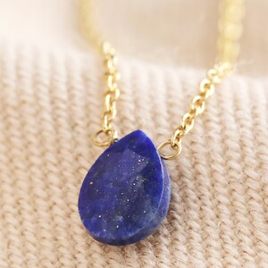 Semi-Precious Lapis Lazuli Stone Teardrop Pendant Necklace in Gold