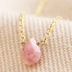 Semi-Precious Pink Thulite Stone Teardrop Pendant Necklace in Gold