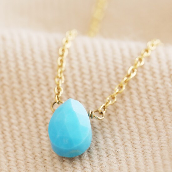 Semi-Precious Turquoise Stone Teardrop Pendant Necklace in Gold