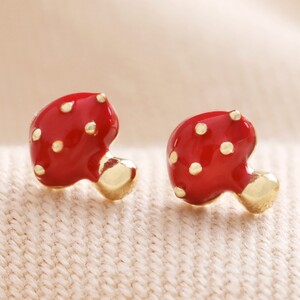Red Enamel Mushroom Stud Earrings in Gold