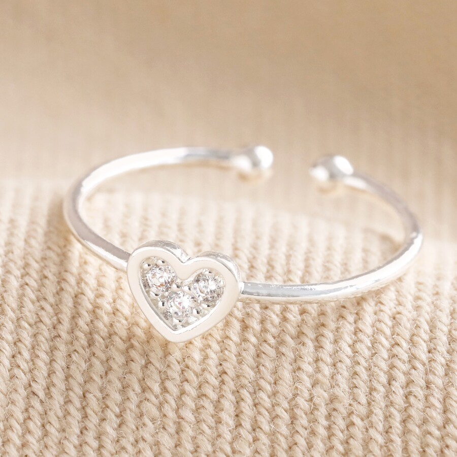 Adjustable Crystal Heart Ring in Silver
