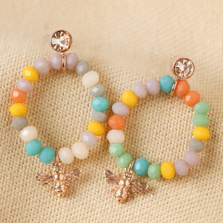 Colourful Beaded Bee Drop Earrings in Rose Gold