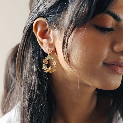 Model Wearing Crystal Flower and Enamel Bee Drop Earrings