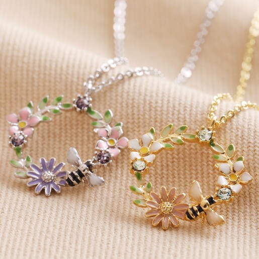 Crystal Flower and Enamel Bee Necklace in Gold