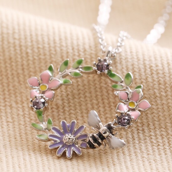 Crystal Flower and Enamel Bee Pendant Necklace in Silver
