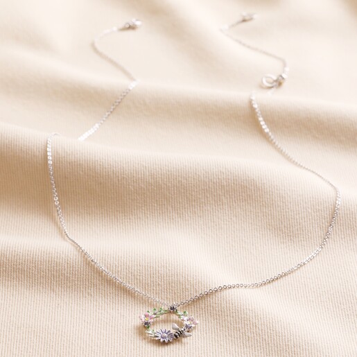 Full Length Crystal Flower and Enamel Bee Pendant Necklace in Silver