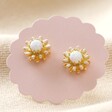 Opal and Enamel Stud Earrings in Gold on Pink Card