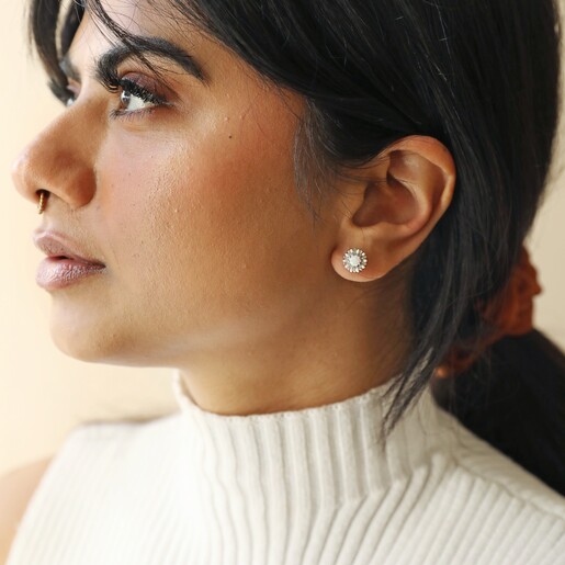 Opal and Enamel Stud Earrings in Silver on Model from Further Away
