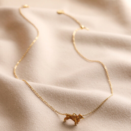 Sausage Dog Enamel Pendant Necklace in Gold Full Length