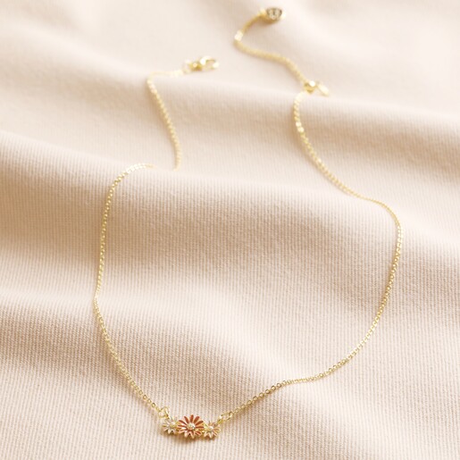 Triple Enamel Flower Pendant Necklace in Gold