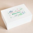 Medium Sized Personalised Christmas Dinosaur White Wooden Box on Pink Background