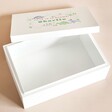 Empty Medium Sized Personalised Christmas Dinosaur White Wooden Box on Pink Surface