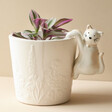 Ceramic Cat Planter Hanger on Plant Pot with Beige Coloured Background
