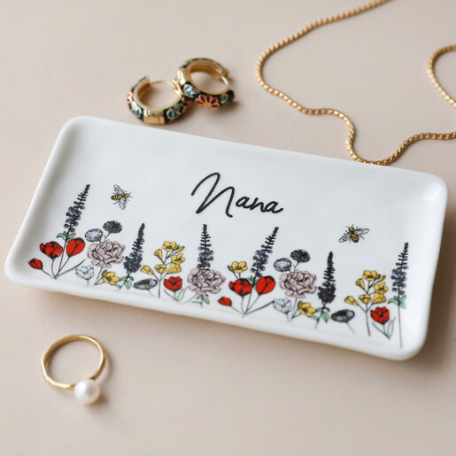 Personalised Long Wildflower Trinket Dish on Neutral Background