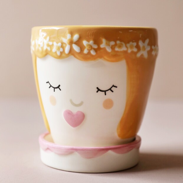 Pink Face Ceramic Planter and Tray, 9cm Pink Face Ceramic Planter and Tray, 9cm