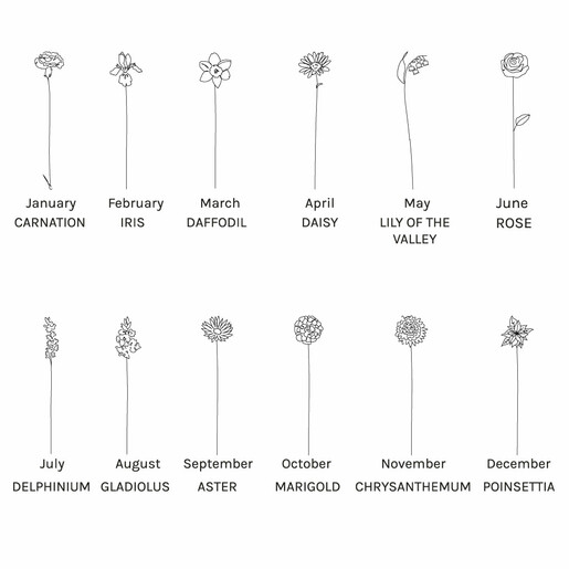Birth Flower Illustrations for Personalised Name & Birth Flower Leather Bookmark