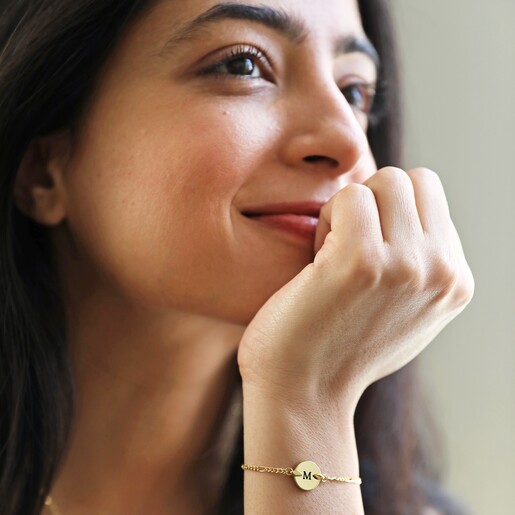 Personalised Initial Disc and Figaro Chain Bracelet Worn by Brunette Model