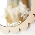 Close Up of Personalised Birth Flower Wooden Scallop Edge Mirror