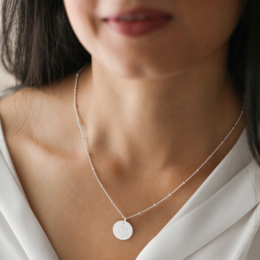 Model Wearing Silver Personalised Satellite Chain Zodiac Pendant Necklace
