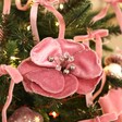 Rounded Pink Velvet Flower Clip on Christmas Tree with Ribbons