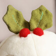 Close Up of Jellycat Christmas Pudding Soft Toy with Holly Leaves on Cream Background