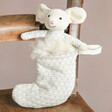 Jellycat Shimmer Stocking Mouse Soft Toy in Stocking on Chair