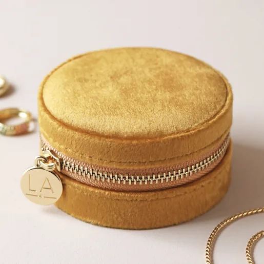 Mustard Velvet Round Travel Jewellery Case on Neutral Background