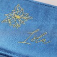 Close Up of Gold Name on Personalised Birth Flower Velvet Rectangular Travel Jewellery Case