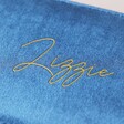 Close Up of Gold Name on Personalised Velvet Rectangular Travel Jewellery Case