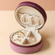 Inside of Mauve Pink Personalised Birth Flower Velvet Round Travel Jewellery Case