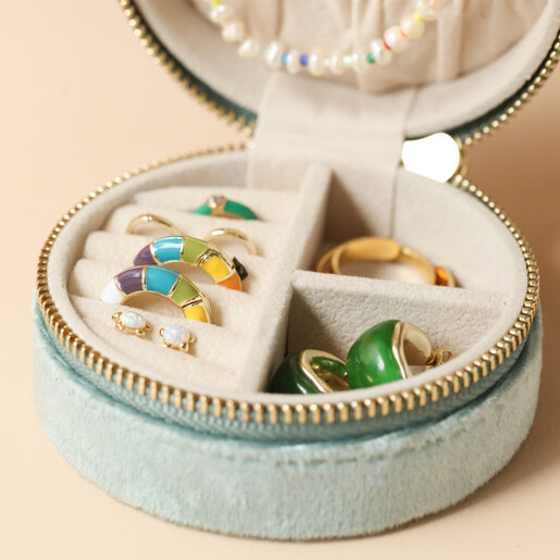 Inside of Mint Green Personalised Birth Flower Velvet Round Travel Jewellery Case