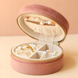 Inside of Rose Pink Personalised Birth Flower Velvet Round Travel Jewellery Case