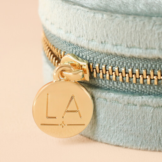 Close Up of Zip on Mint Green Personalised Velvet Round Travel Jewellery Case