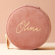 Rose Pink Personalised Velvet Round Travel Jewellery Case in Front of Neutral Background