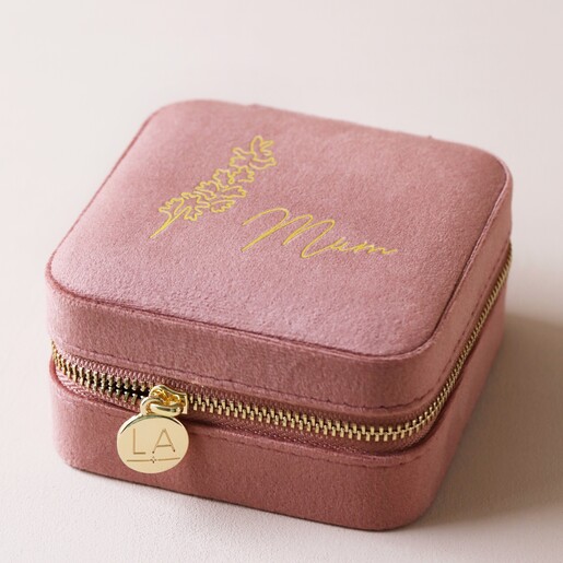 Personalised Birth Flower Velvet Square Travel Jewellery Case on Neutral Background