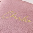 Close Up of Name on Personalised Velvet Square Travel Jewellery Case